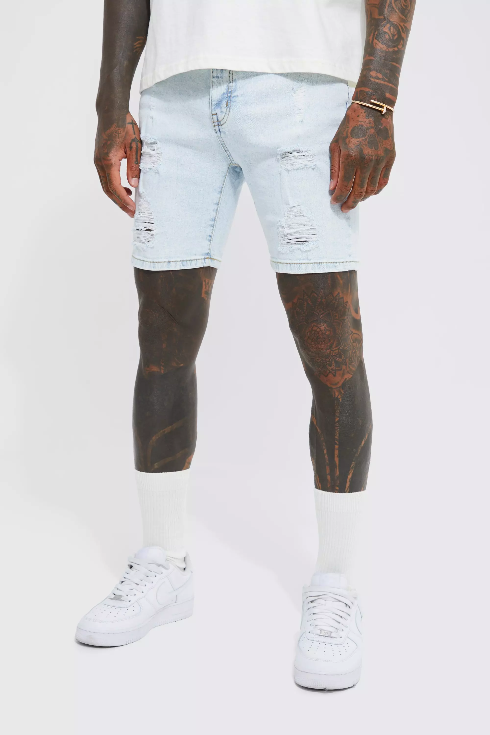 Skinny Stretch Distressed Jean Shorts boohooMAN USA